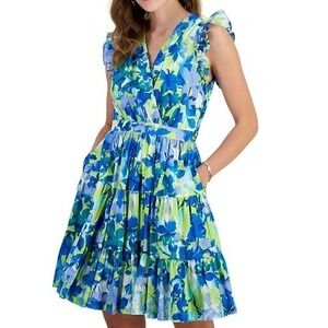 Taylor Printed A Line V Neck Dress Fit Flare Sleeveless Blue Yellow Womens 10